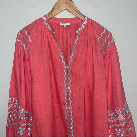Tyler Boe Blouse Women's Size Medium Coral Pink 100% Linen Embroidered‎ Tunic - Picture 3 of 7
